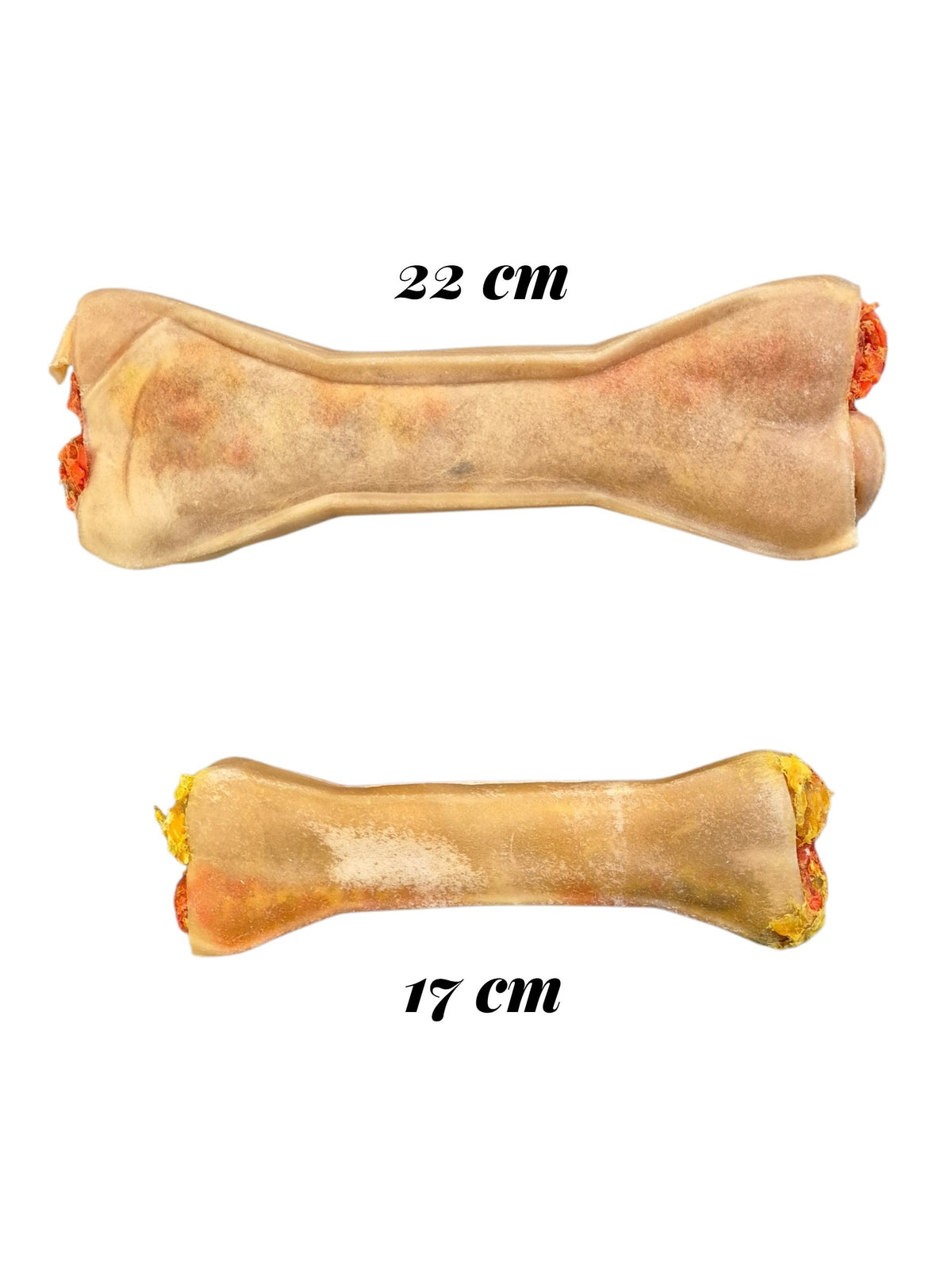 gourmetpfoten.de Büffelhaut-Kauknochen mit Lachsfüllung in 17 cm und 22 cm Länge zur natürlichen Zahnpflege für Hunde