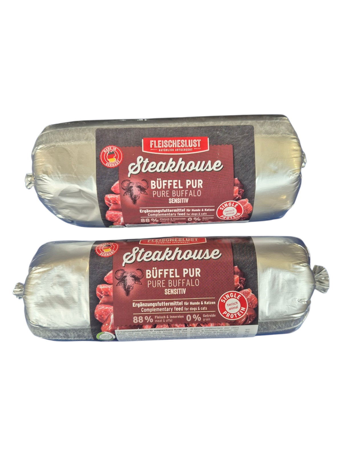 gourmetpfoten.de FLEISCHESLUST Steakhouse Büffel Pur Fleischrollen für Hunde und Katzen als Single-Protein-Futter