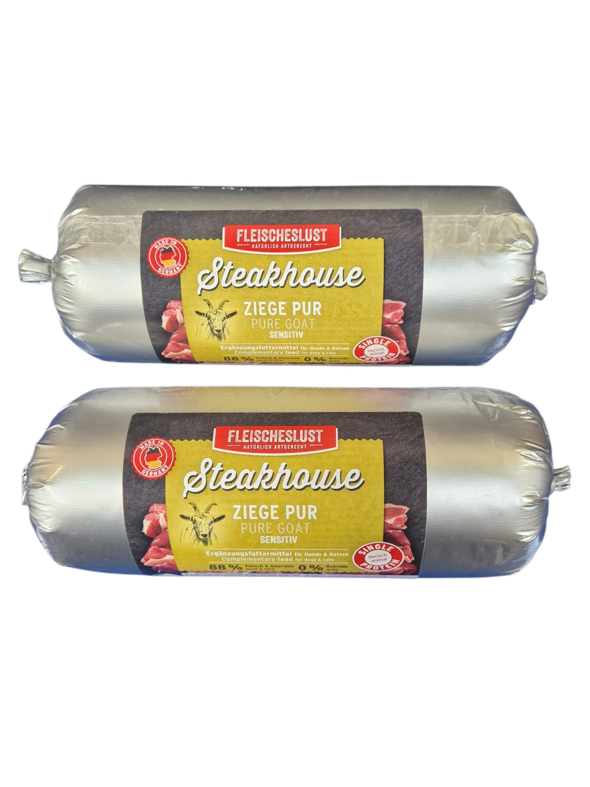 gourmetpfoten.de FLEISCHESLUST Steakhouse Ziegenfleisch Wurst als getreidefreies Ergänzungsfutter für Hunde und Katzen