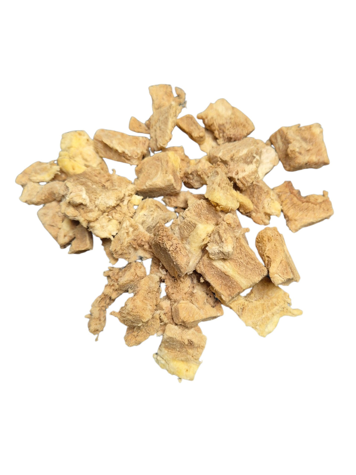 gourmetpfoten.de gefriergetrocknete Ingwerwürfel als natürlicher Snack für Hunde auf weißem Hintergrund