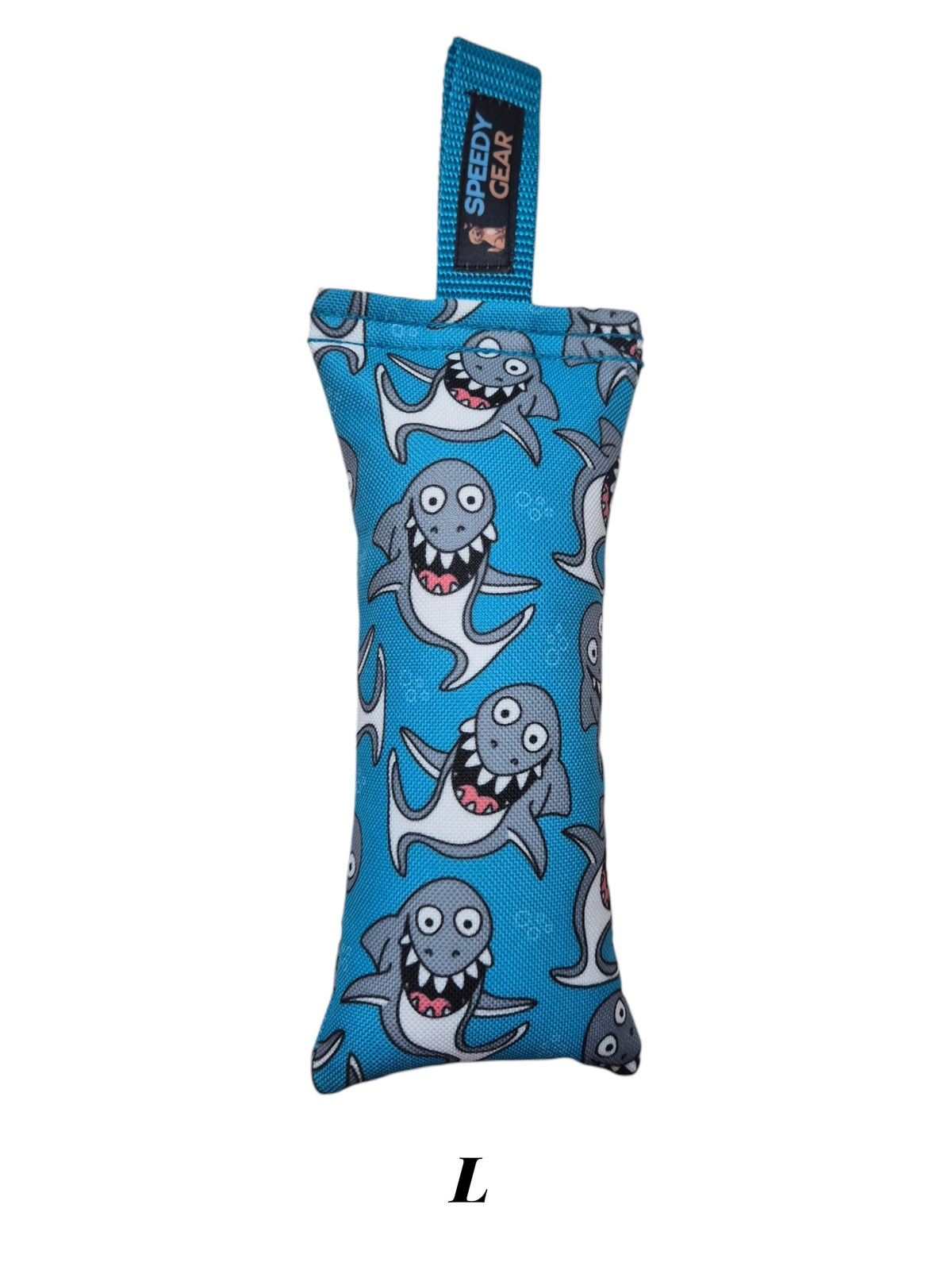 gourmetpfoten.de SPEEDY GEAR Beißkissen für Hunde in Blau mit Hai-Muster und praktischer Handschlaufe