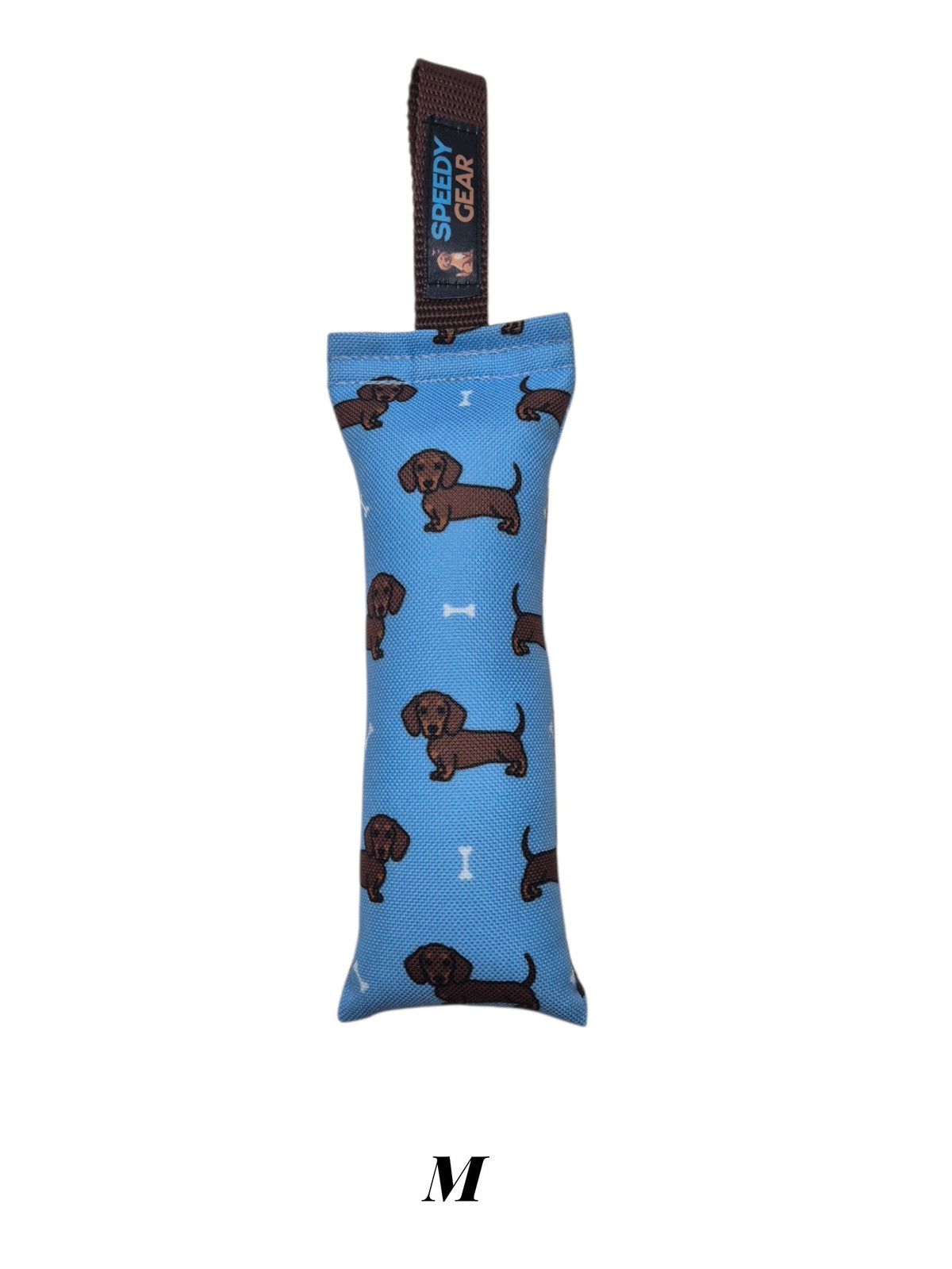gourmetpfoten.de SPEEDY GEAR Zerrspielzeug für Hunde mit Dackel-Muster auf hellblauem Stoff und robuster Handschlaufe