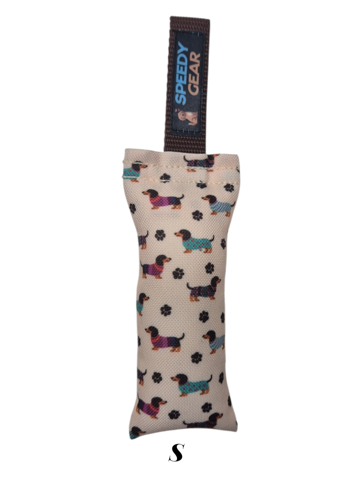 gourmetpfoten.de SPEEDY GEAR Zerrspielzeug aus beigem Stoff mit Dackel-Motiven und praktischer Schlaufe für Hunde