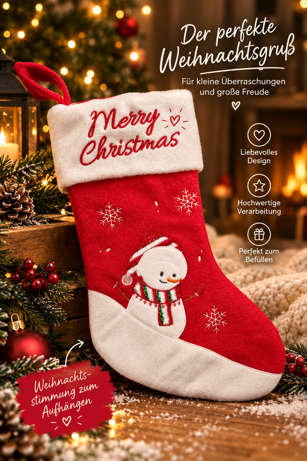 gourmetpfoten.de roter Weihnachtsstrumpf mit Schneemann-Stickerei, weißem Plüschrand und Merry Christmas Schriftzug