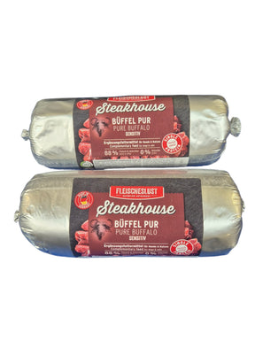 gourmetpfoten.de FLEISCHESLUST Steakhouse Büffel Pur Fleischrollen als getreidefreies Ergänzungsfutter für Haustiere