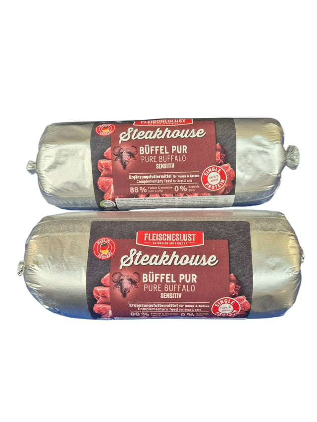 gourmetpfoten.de FLEISCHESLUST Steakhouse Büffel Pur Fleischrollen als getreidefreies Ergänzungsfutter für Haustiere