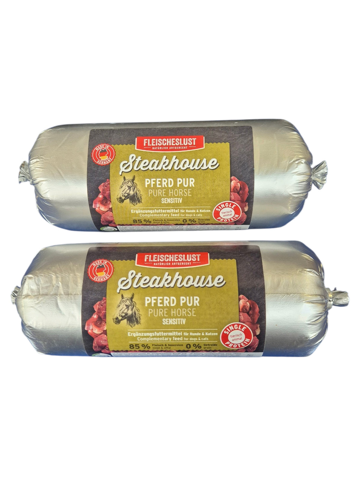 Zwei gourmetpfoten.de Fleischeslust Steakhouse Pferd Pur Fleischrollen als getreidefreies Ergänzungsfuttermittel