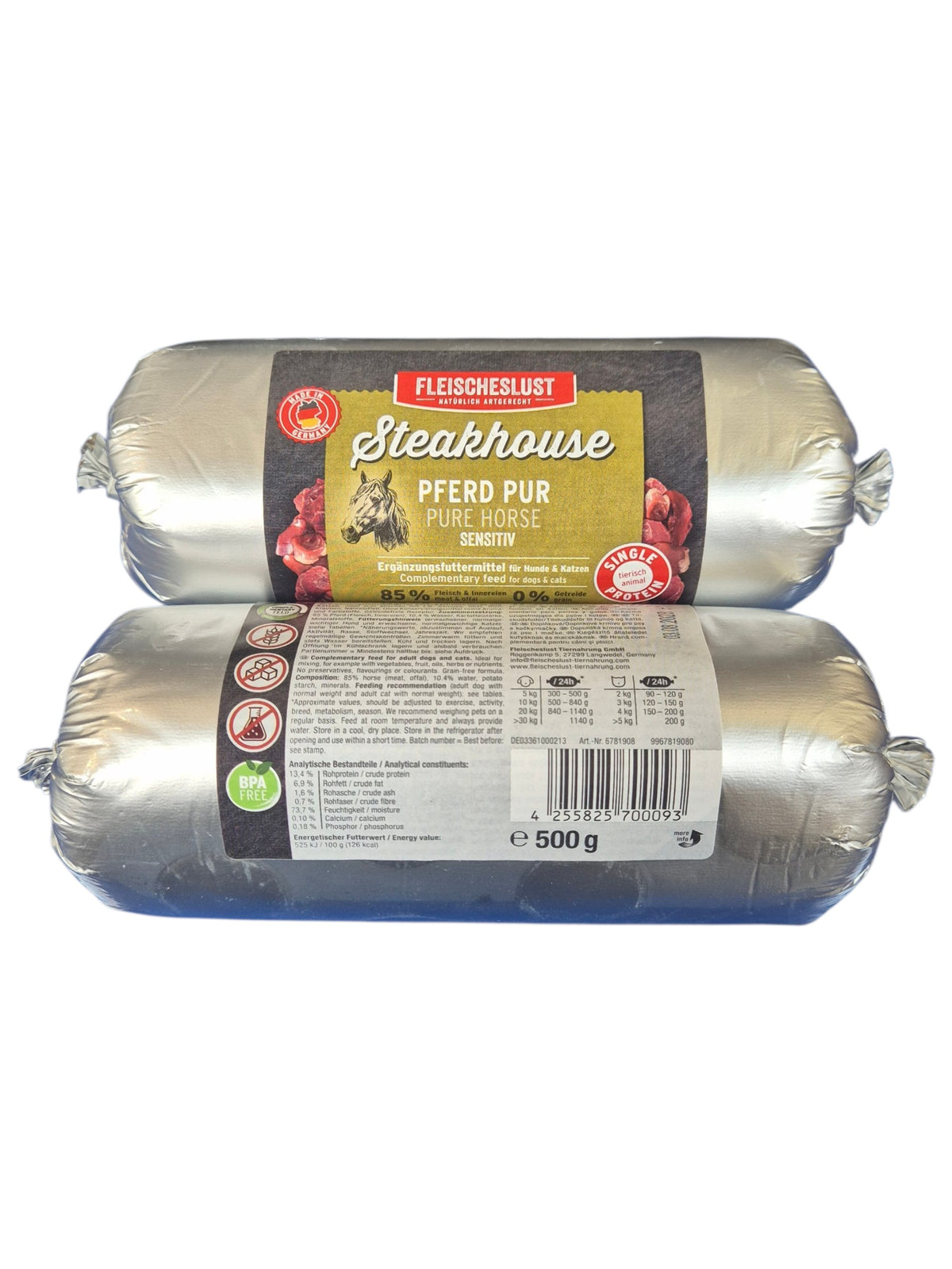 gourmetpfoten.de FLEISCHESLUST Steakhouse Pferd Pur Fleischrolle als getreidefreies Ergänzungsfutter für Hunde und Katzen