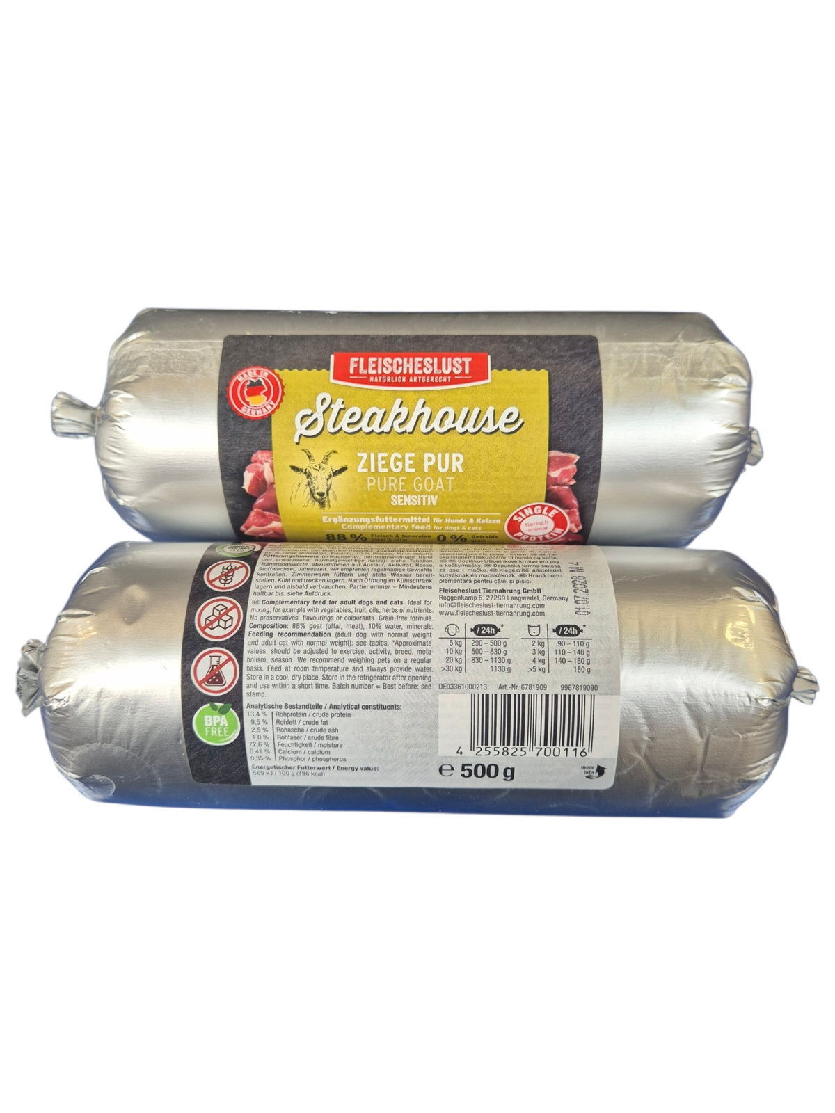 gourmetpfoten.de FLEISCHESLUST Steakhouse Ziegenfleisch Wurst als getreidefreies Ergänzungsfutter für Hunde und Katzen