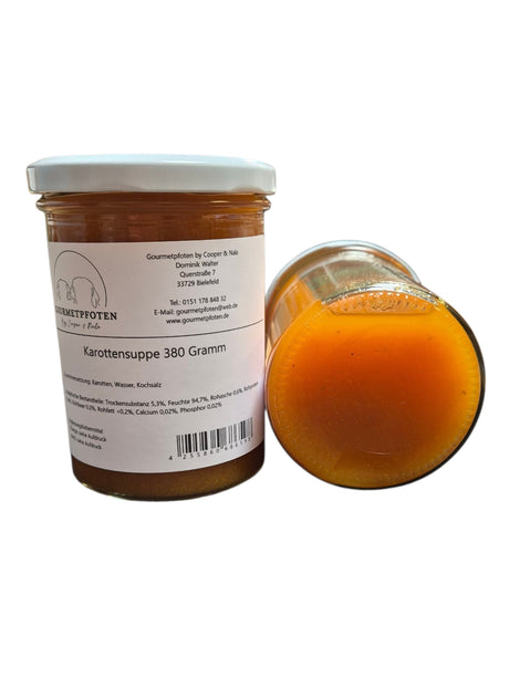 gourmetpfoten.de Karottensuppe für Hunde im 380g Glas mit natürlicher Rezeptur aus Karotten und Wasser