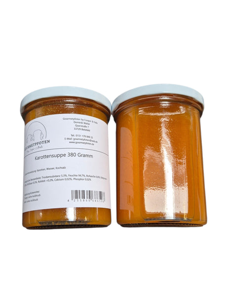 Zwei Gläser gourmetpfoten.de Karottensuppe für Hunde mit natürlicher Rezeptur in 380g Portionen