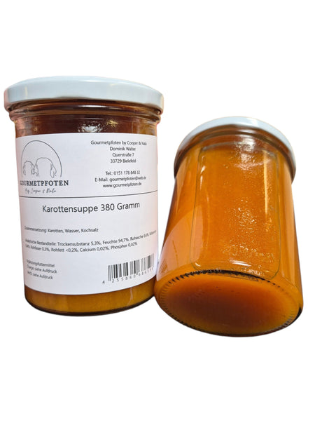 gourmetpfoten.de Karottensuppe für Hunde im 380g Glas mit natürlicher Rezeptur aus Karotten und Wasser