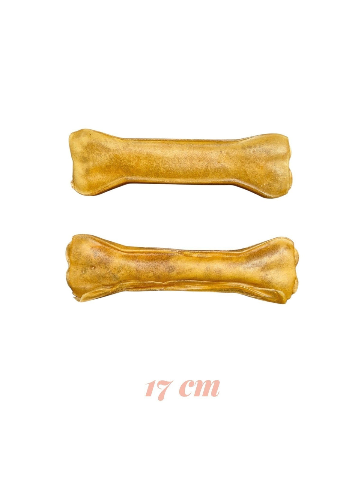 Zwei 17 cm lange gourmetpfoten.de Kauknochen aus natürlicher Rinderhaut zur Zahnpflege für Hunde