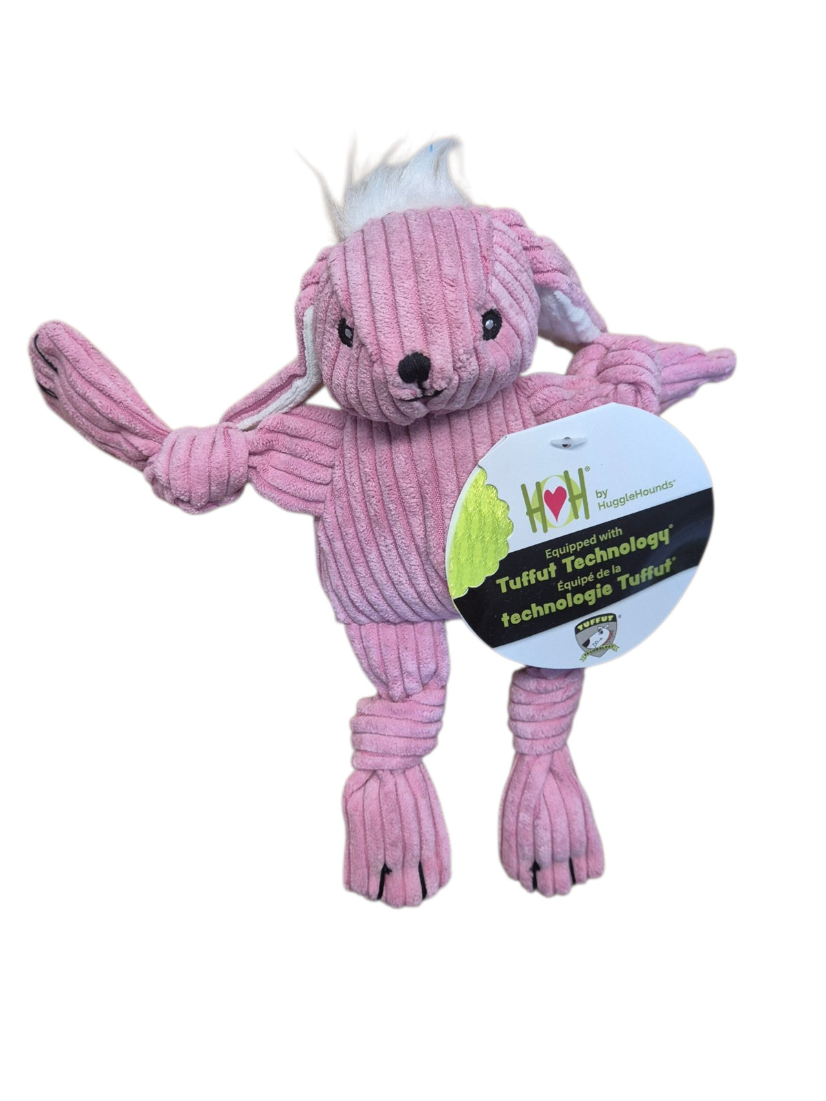 Rosa HuggleHounds Plüsch-Hase aus Cord mit Knoten an den Gliedmaßen für Hunde von gourmetpfoten.de
