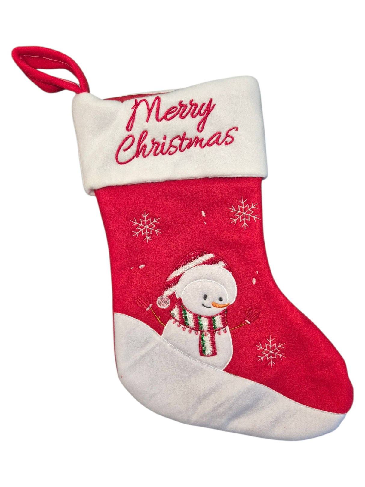 gourmetpfoten.de roter Weihnachtsstrumpf mit Schneemann-Stickerei, weißem Umschlag und Merry Christmas Schriftzug
