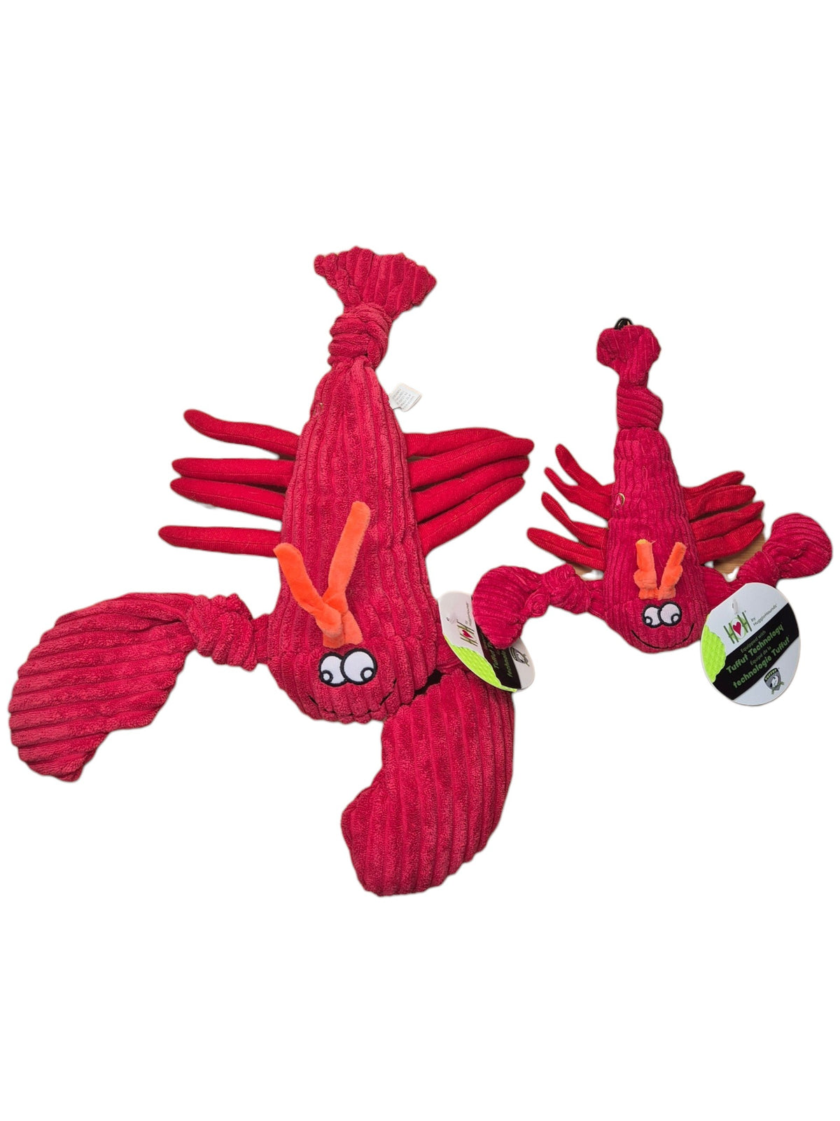 Zwei rote Hummer-Hundespielzeuge aus robustem Cordstoff von gourmetpfoten.de mit Tuffut-Technologie