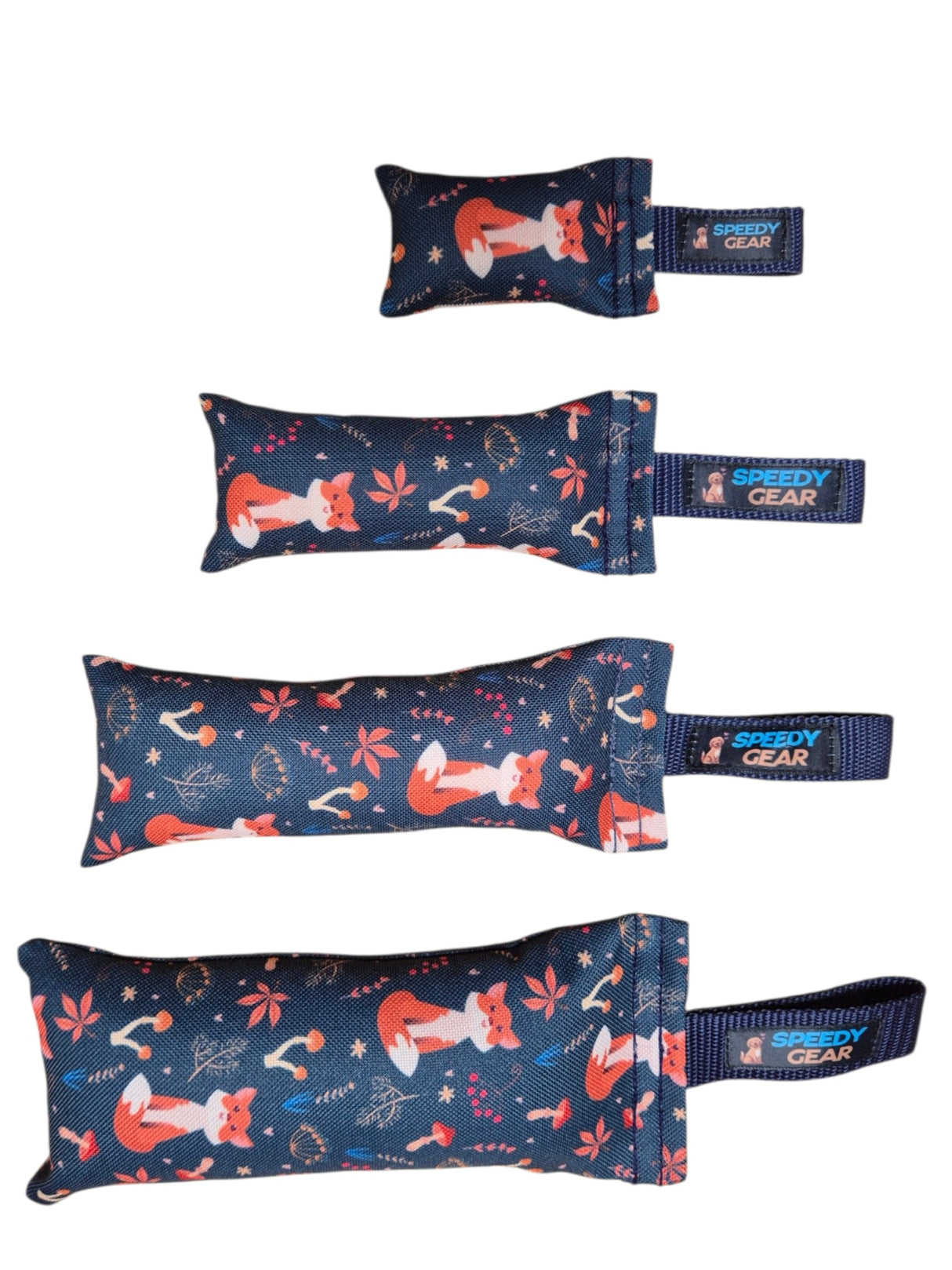 gourmetpfoten.de SPEEDY GEAR Beißkissen für Hunde in vier Größen mit Fuchs- und Wald-Muster auf dunkelblauem Stoff