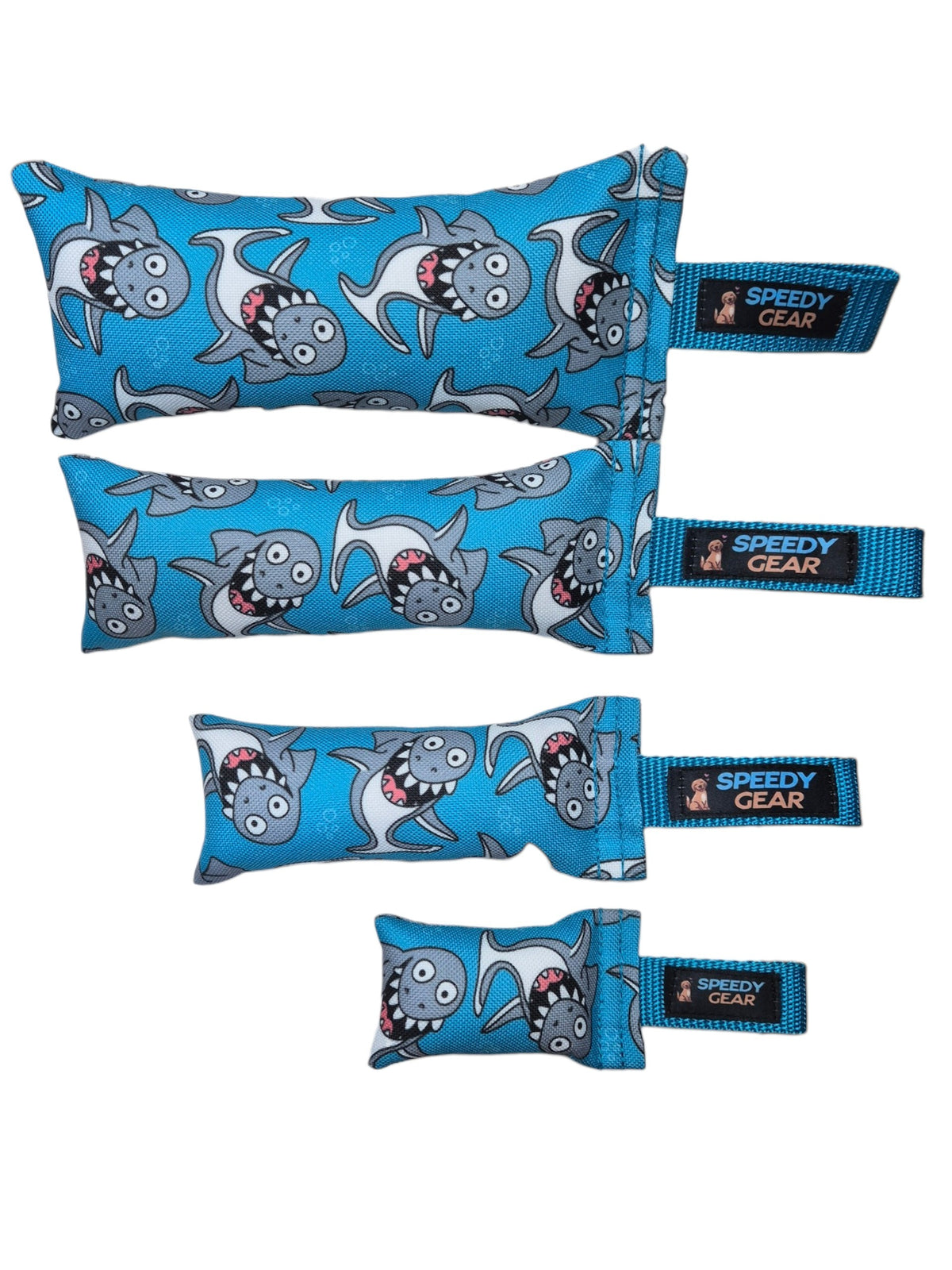 gourmetpfoten.de SPEEDY GEAR Beißkissen Set mit Hai-Muster in Blau, robustes Zerrspielzeug mit Handschlaufe
