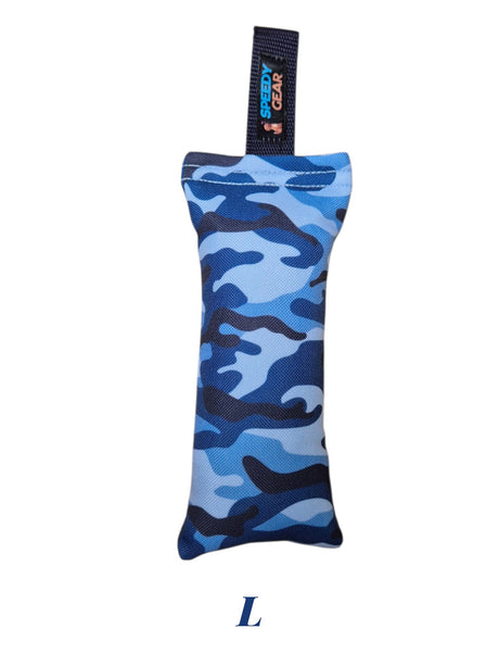 gourmetpfoten.de SPEEDY GEAR Beißwurst in blauem Camouflage-Design mit robuster Schlaufe für Hunde