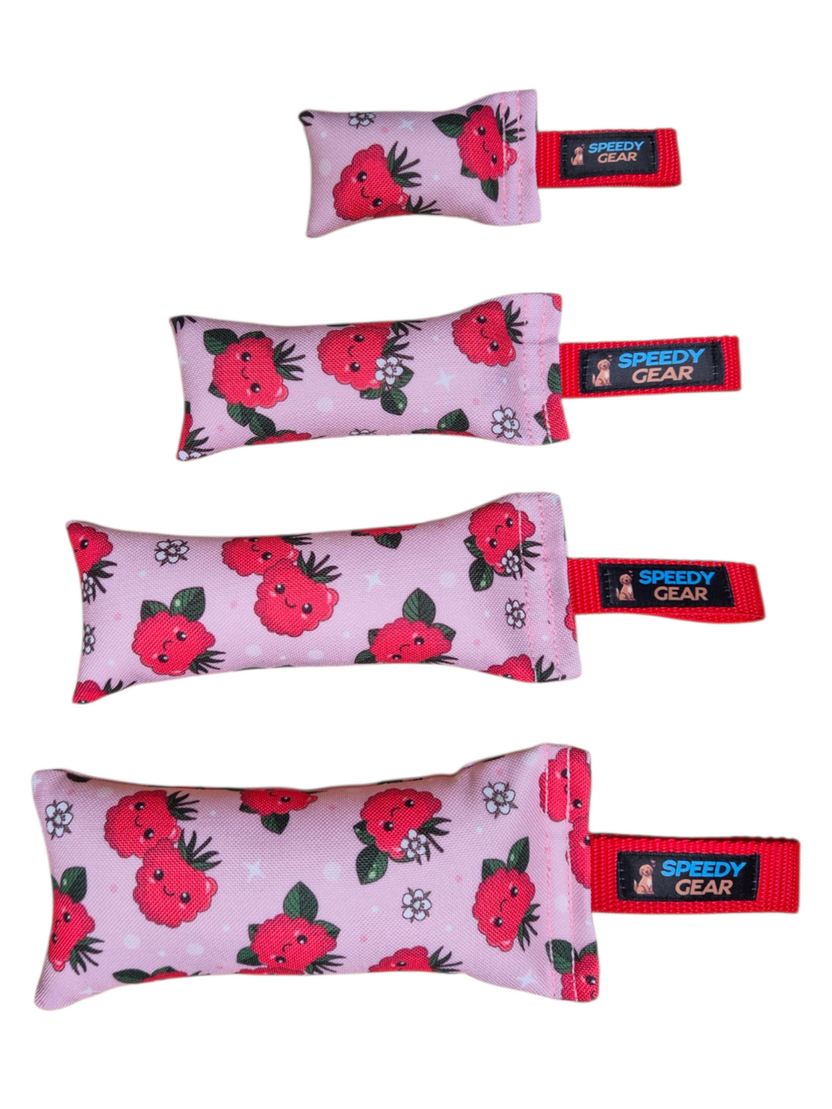 gourmetpfoten.de Speedy Gear Dummy Himbeeren in vier Größen mit rosa Himbeermuster und roter Schlaufe zum Apportieren