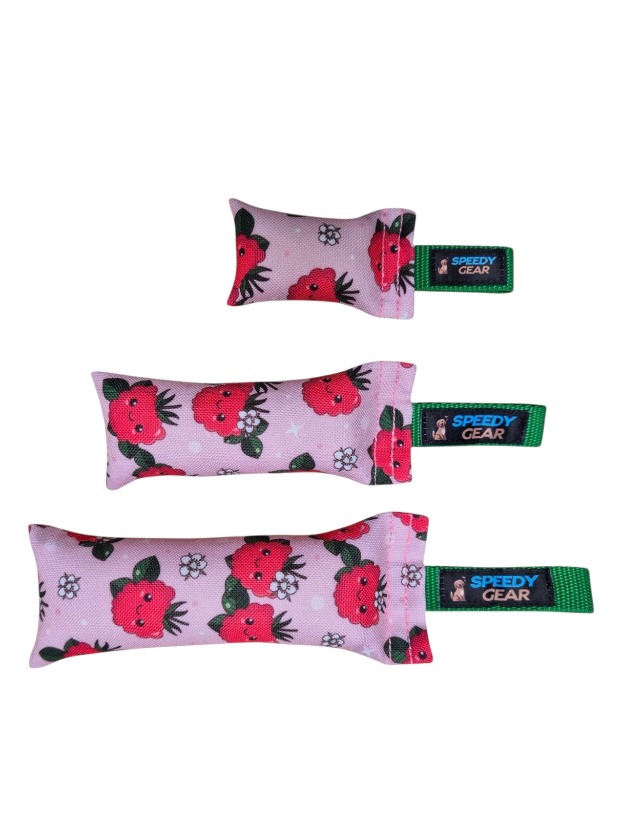 gourmetpfoten.de Speedy Gear Dummy Himbeeren in drei Größen mit rosa Himbeermuster und grüner Schlaufe