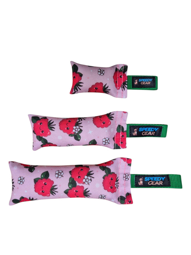 gourmetpfoten.de Speedy Gear Dummy Himbeeren in drei Größen mit rosa Himbeermuster und grüner Schlaufe