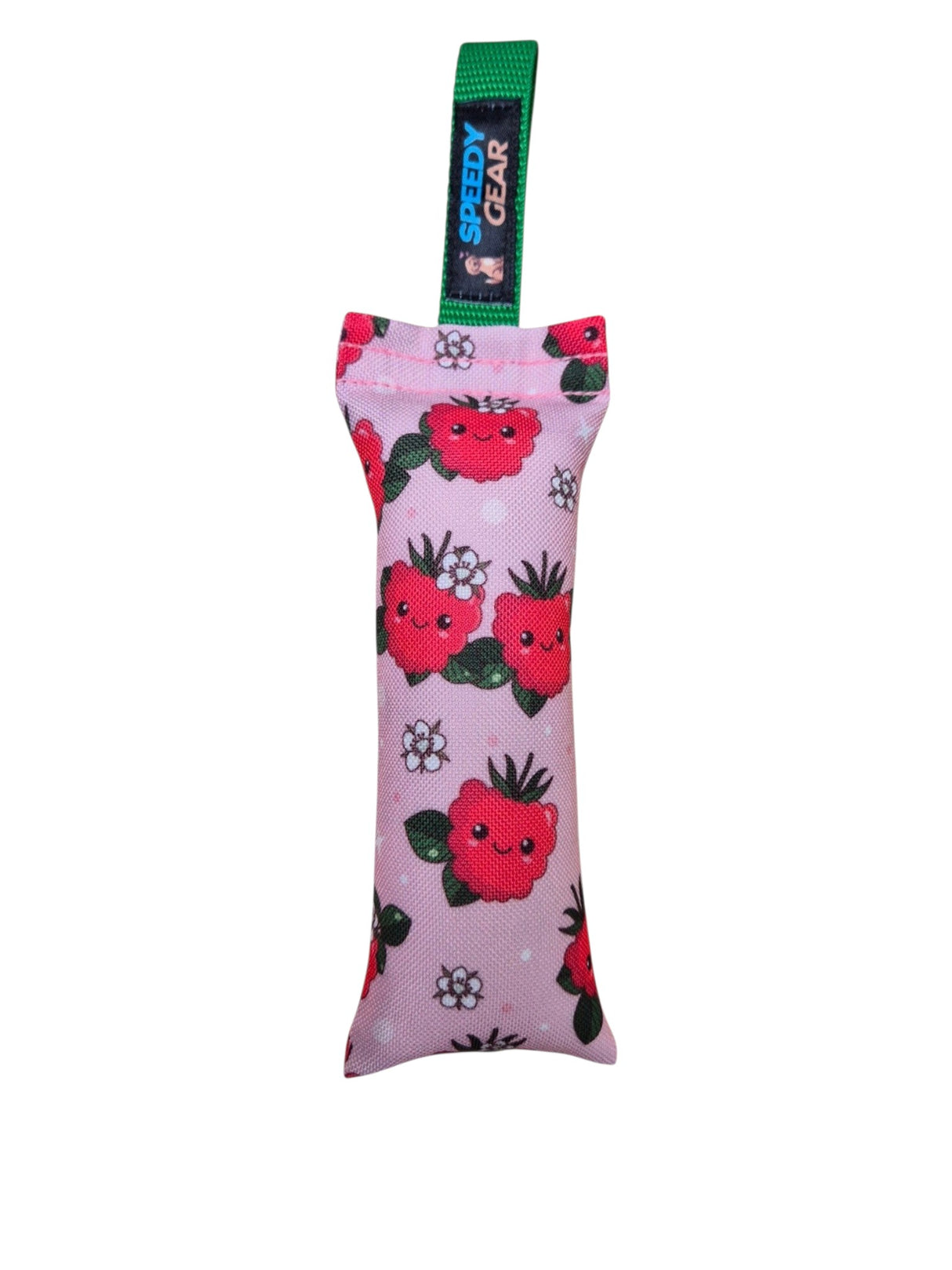 gourmetpfoten.de Speedy Gear Apportier-Dummy für Hunde mit niedlichem Himbeer-Muster in Rosa und grüner Schlaufe
