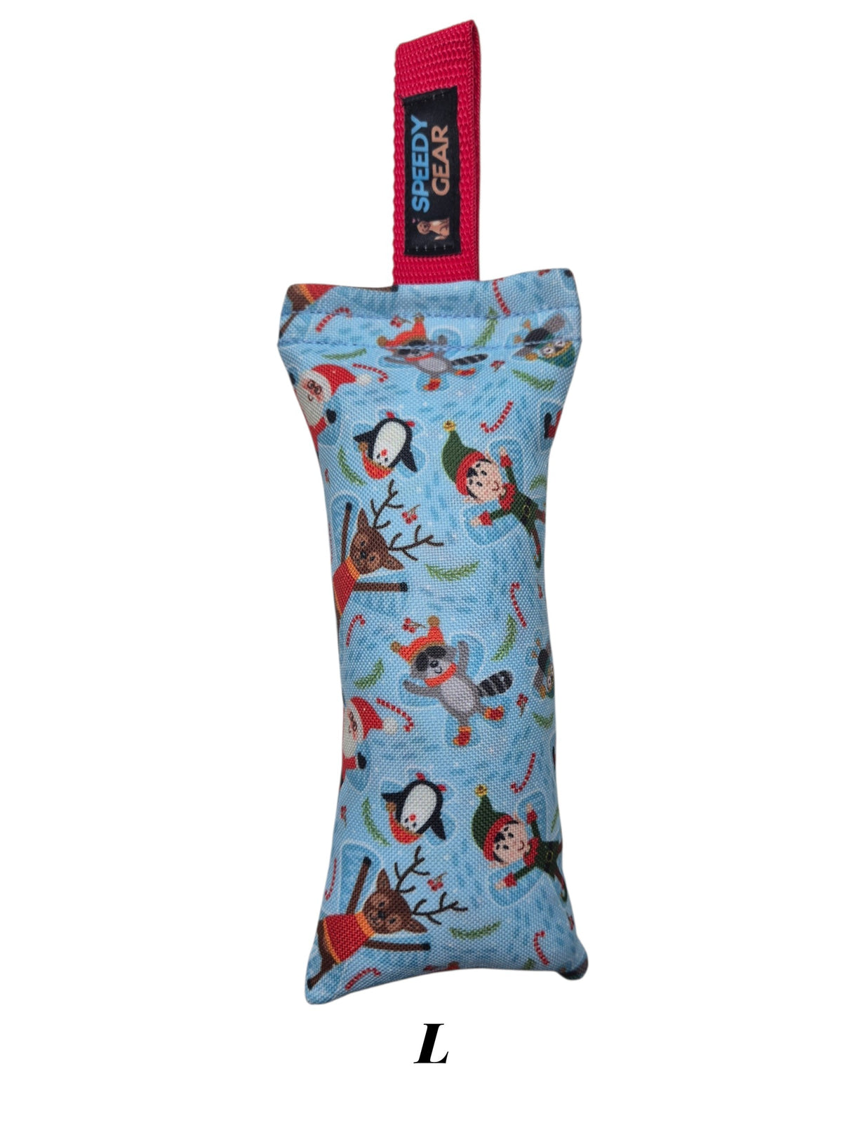 gourmetpfoten.de SPEEDY GEAR Hundespielzeug mit Weihnachtsmotiv, hellblauem Stoff und roter Zerrschlaufe